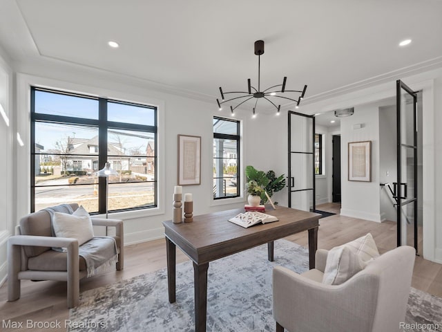 667 Oak Ave, Birmingham, MI 48009 - living room featuring a chandelier, ornamental molding, light wood-style floors, baseboards, and recessed lighting