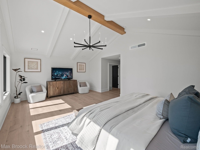 667 Oak Ave, Birmingham, MI 48009 - bedroom featuring light wood-type flooring, beamed ceiling, baseboards, high vaulted ceiling, and a chandelier