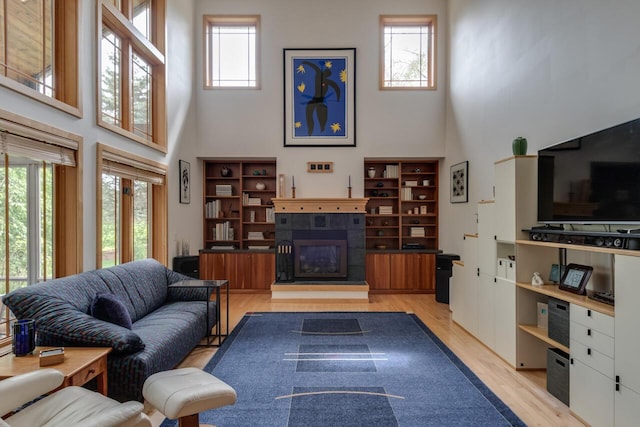 7346 Dunross Dr, Portage, MI 49024 - living area with a high ceiling, plenty of natural light, light wood finished floors, and a tile fireplace