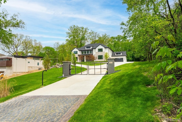 4627 Cimarron Dr, Bloomfield Hills, MI 48302 - modern farmhouse style home with a gate, driveway, and a front lawn