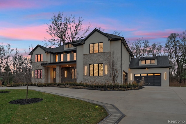 4627 Cimarron Dr, Bloomfield Hills, MI 48302 - contemporary home with stone siding, curved driveway, a yard, and an attached garage