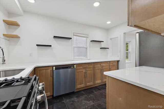 3625 Ellwood Ave, Birmingham, MI 48072 - kitchen with open shelves, stainless steel appliances, plenty of natural light, brown cabinets, and recessed lighting
