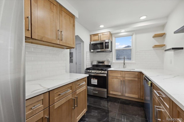 3625 Ellwood Ave, Birmingham, MI 48072 - kitchen featuring appliances with stainless steel finishes, a sink, decorative backsplash, open shelves, and light stone countertops