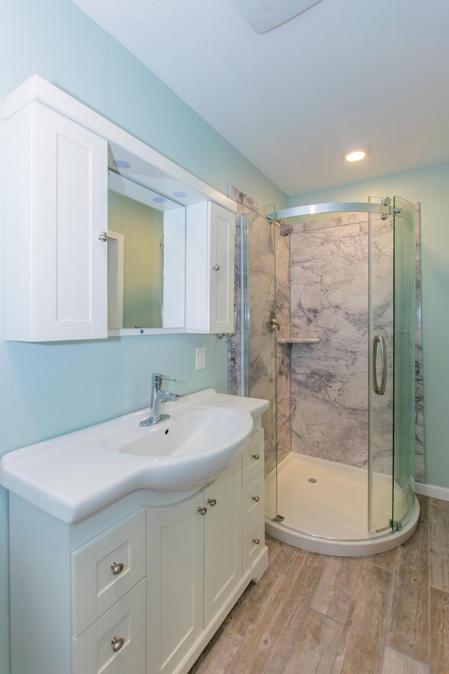4225 Central Blvd, Ann Arbor, MI 48108 - bathroom featuring wood finished floors, vanity, and a shower stall