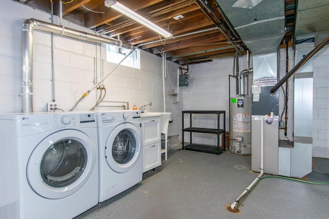 4225 Central Blvd, Ann Arbor, MI 48108 - laundry room with water heater, washer and dryer, concrete block wall, and heating unit