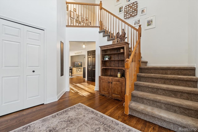 177 Summer Shade Dr, Howell, MI 48843 - stairs with wood finished floors, a towering ceiling, and baseboards