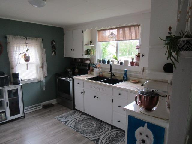 429 N Chipman St, Owosso, MI 48867 - kitchen featuring electric stove, a sink, open shelves, and white cabinetry