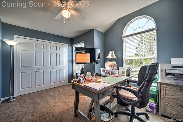 28329 Cottage Ln, New Hudson, MI 48165 - office featuring a ceiling fan, carpet flooring, and lofted ceiling