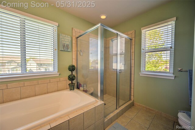28329 Cottage Ln, New Hudson, MI 48165 - full bath with a bath, tile patterned floors, a stall shower, toilet, and baseboards
