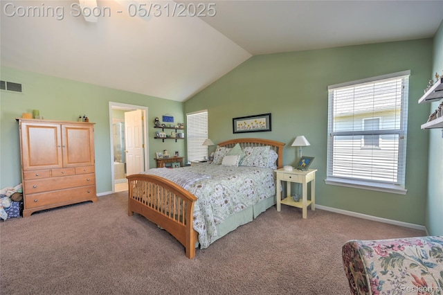 28329 Cottage Ln, New Hudson, MI 48165 - carpeted bedroom with vaulted ceiling, baseboards, and connected bathroom