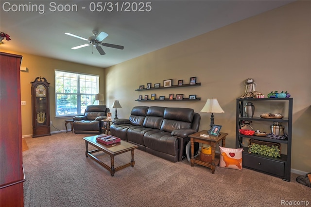 28329 Cottage Ln, New Hudson, MI 48165 - carpeted living area with ceiling fan and baseboards