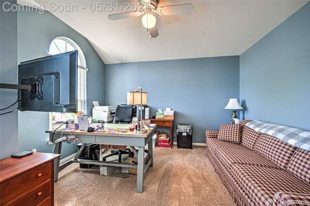 28329 Cottage Ln, New Hudson, MI 48165 - home office with carpet, ceiling fan, baseboards, and lofted ceiling