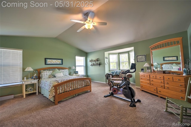 28329 Cottage Ln, New Hudson, MI 48165 - carpeted bedroom with vaulted ceiling, baseboards, and a ceiling fan