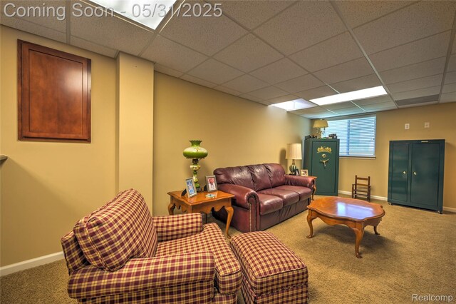28329 Cottage Ln, New Hudson, MI 48165 - living room with carpet floors, a drop ceiling, and baseboards