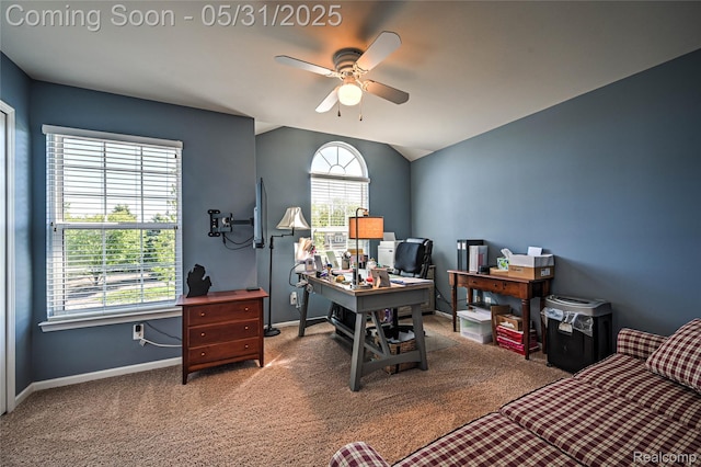 28329 Cottage Ln, New Hudson, MI 48165 - home office with ceiling fan, baseboards, carpet floors, and vaulted ceiling