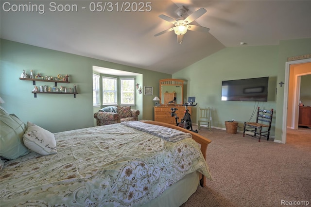 28329 Cottage Ln, New Hudson, MI 48165 - carpeted bedroom with vaulted ceiling, baseboards, and ceiling fan