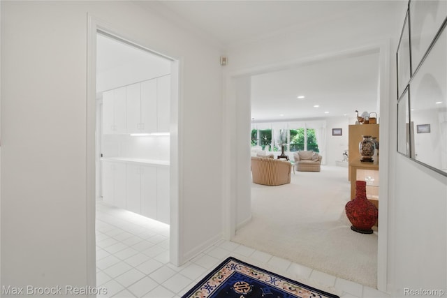 1816 Ledbury Dr, Bloomfield Hills, MI 48304 - hallway with tile patterned floors, carpet, recessed lighting, and ornamental molding