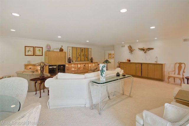 1816 Ledbury Dr, Bloomfield Hills, MI 48304 - living area featuring light carpet, ornamental molding, and recessed lighting