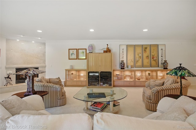 1816 Ledbury Dr, Bloomfield Hills, MI 48304 - carpeted living room with ornamental molding, a premium fireplace, and recessed lighting