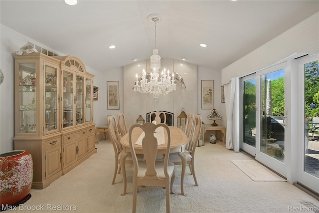 1816 Ledbury Dr, Bloomfield Hills, MI 48304 - dining area featuring lofted ceiling, light carpet, a chandelier, and recessed lighting