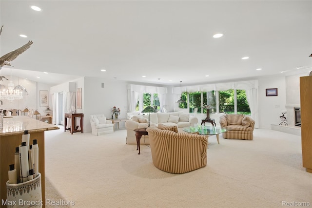 1816 Ledbury Dr, Bloomfield Hills, MI 48304 - living area featuring carpet flooring, recessed lighting, a chandelier, and a large fireplace
