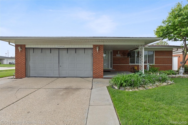 11498 Racine Rd, Warren, MI 48093 - view of front of property featuring driveway, a garage, brick siding, a front yard, and a porch