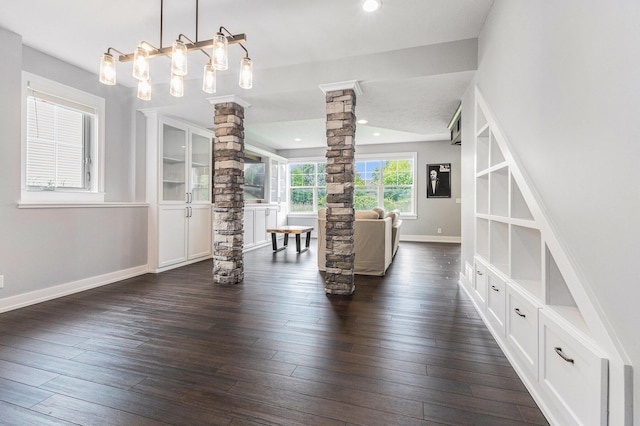 1506 Providence Cove Ct, Byron Center, MI 49315 - dining area featuring decorative columns, baseboards, dark wood-style flooring, and recessed lighting