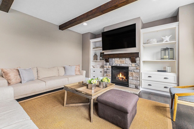 1506 Providence Cove Ct, Byron Center, MI 49315 - living area featuring beamed ceiling, a fireplace, wood finished floors, and built in features