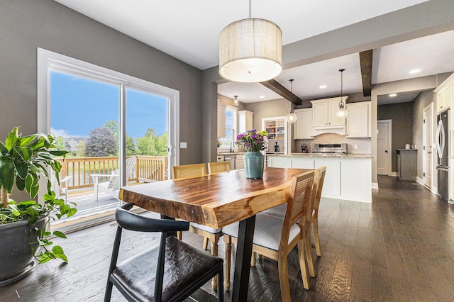 1506 Providence Cove Ct, Byron Center, MI 49315 - dining space featuring beam ceiling, dark wood-style floors, baseboards, and recessed lighting