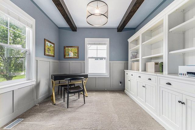 1506 Providence Cove Ct, Byron Center, MI 49315 - office featuring beam ceiling, light carpet, a wainscoted wall, and a decorative wall