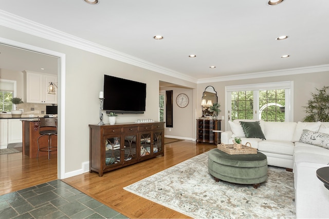 647 S Spinningwheel Ln, Michigan, MI 48304 - living room with recessed lighting, crown molding, wood finished floors, and baseboards