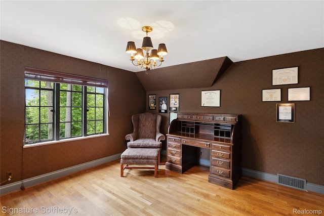 401 Dunston Rd, Bloomfield Hills, MI 48304 - living area with light wood-style flooring, a chandelier, baseboards, and lofted ceiling