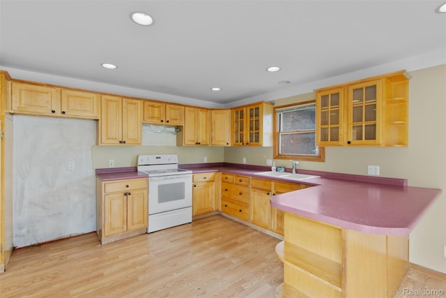 1914 10th St, Port Huron, MI 48060 - kitchen with electric range, a sink, a peninsula, glass insert cabinets, and recessed lighting