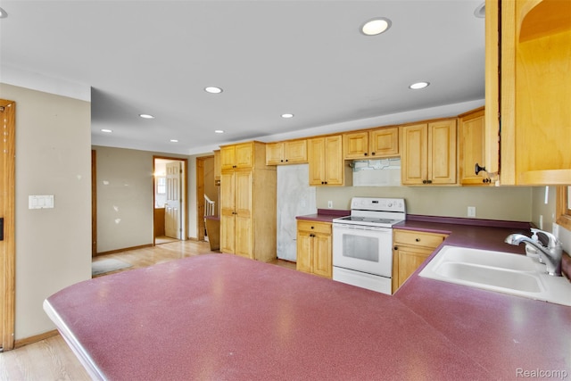 1914 10th St, Port Huron, MI 48060 - kitchen featuring electric stove, a sink, recessed lighting, dark countertops, and baseboards