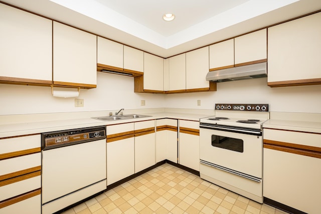 2125208 Nature Cove Ct, Ann Arbor, MI 48104 - kitchen with white appliances, under cabinet range hood, a sink, white cabinetry, and light countertops