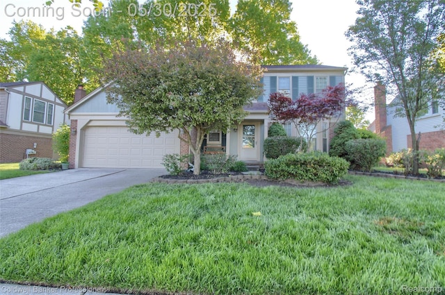 1468 N Morton Taylor Rd, Canton, MI 48187 - view of property hidden behind natural elements featuring driveway, an attached garage, a front lawn, and brick siding