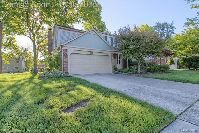 1468 N Morton Taylor Rd, Canton, MI 48187 - view of front of property featuring brick siding, a garage, concrete driveway, a front yard, and a chimney
