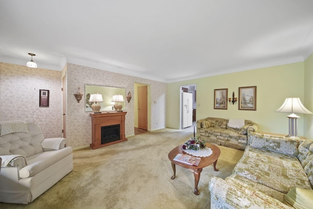 2074 Campbell Dr, Jackson, MI 49202 - carpeted living area with crown molding, a fireplace, and wallpapered walls