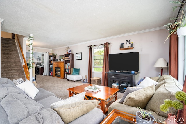 5906 Henry St, Norton Shores, MI 49441 - carpeted living area featuring stairway and ornamental molding