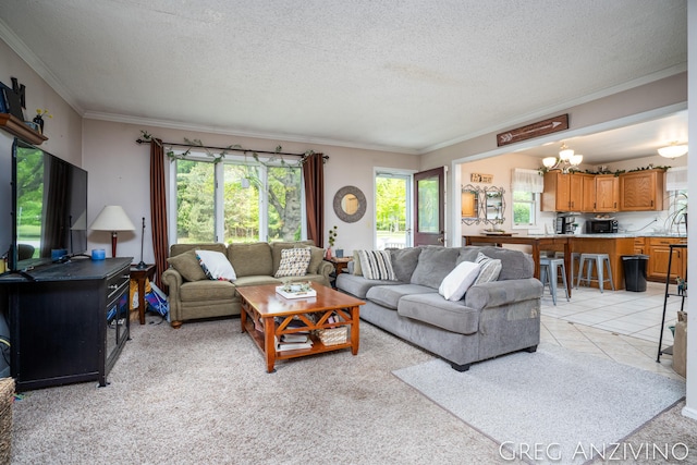 5906 Henry St, Norton Shores, MI 49441 - living room featuring crown molding, a textured ceiling, plenty of natural light, and a chandelier