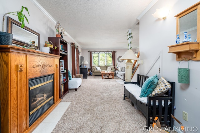 5906 Henry St, Norton Shores, MI 49441 - living room with ornamental molding, a textured ceiling, a fireplace with flush hearth, and carpet flooring