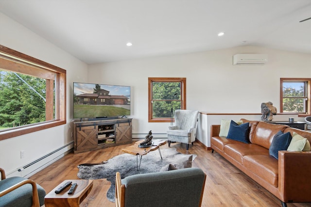 10200 Jerome Rd N, Jerome, MI 49249 - living room with a baseboard radiator, a wall mounted AC, lofted ceiling, plenty of natural light, and recessed lighting