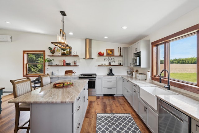 10200 Jerome Rd N, Jerome, MI 49249 - kitchen with open shelves, stainless steel appliances, wall chimney range hood, an AC wall unit, and a sink