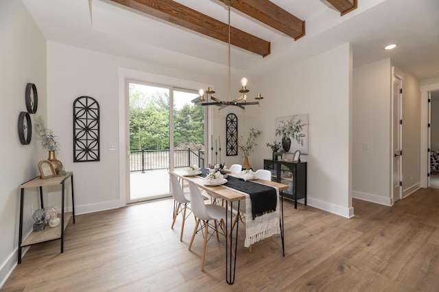2750 Ashford Trl, Portage, MI 49024 - dining space featuring a chandelier, beam ceiling, baseboards, light wood finished floors, and recessed lighting
