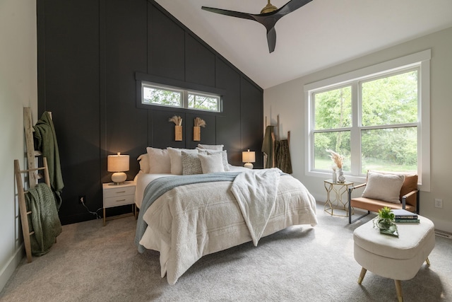 2750 Ashford Trl, Portage, MI 49024 - bedroom featuring multiple windows, lofted ceiling, light carpet, and ceiling fan