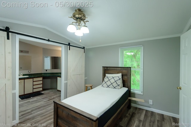 10531 Devils Lake Hwy, Addison, MI 49220 - bedroom with a barn door, wood finished floors, vaulted ceiling, a sink, and baseboards