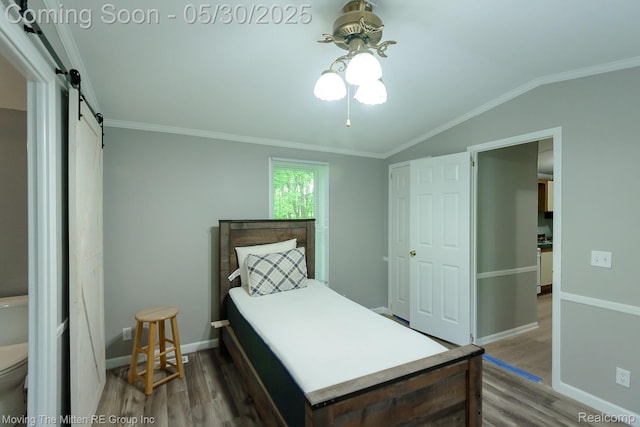 10531 Devils Lake Hwy, Addison, MI 49220 - bedroom with wood finished floors, a barn door, crown molding, baseboards, and lofted ceiling