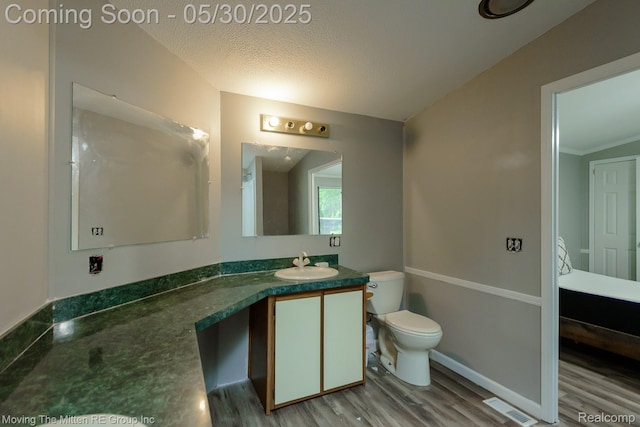 10531 Devils Lake Hwy, Addison, MI 49220 - bathroom featuring wood finished floors, toilet, vanity, a textured ceiling, and baseboards