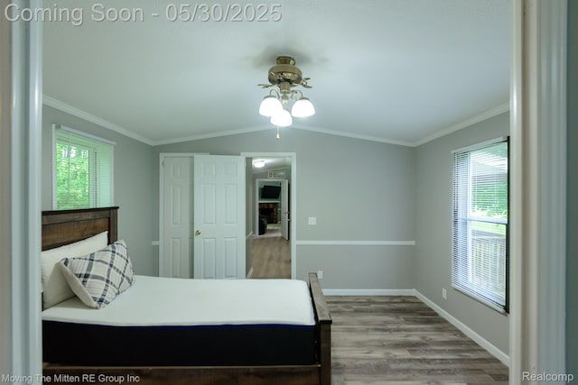 10531 Devils Lake Hwy, Addison, MI 49220 - bedroom featuring wood finished floors, crown molding, vaulted ceiling, and baseboards
