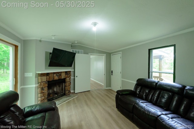 10531 Devils Lake Hwy, Addison, MI 49220 - living room featuring wood finished floors, crown molding, a fireplace, and vaulted ceiling